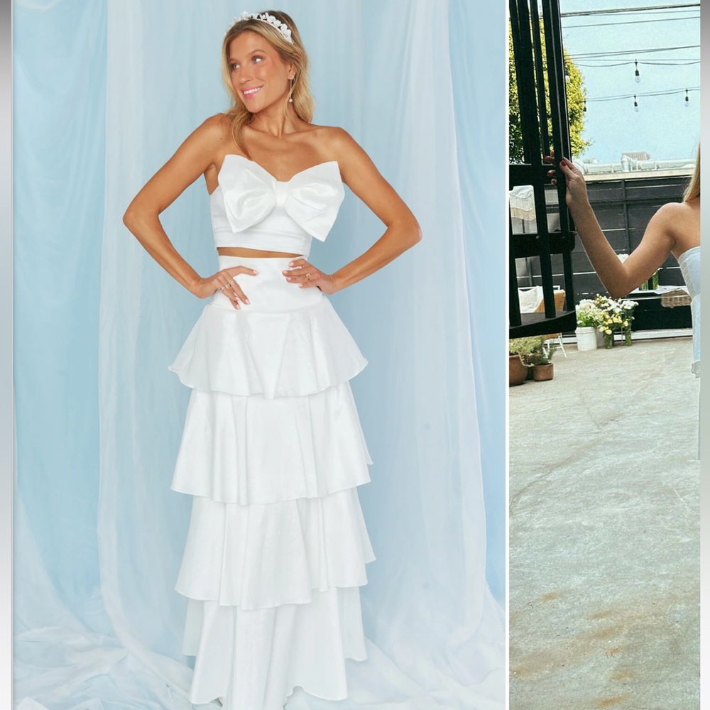 Show Me Your MuMu White Tiered Maxi Skirt Set with Bow Crop Top